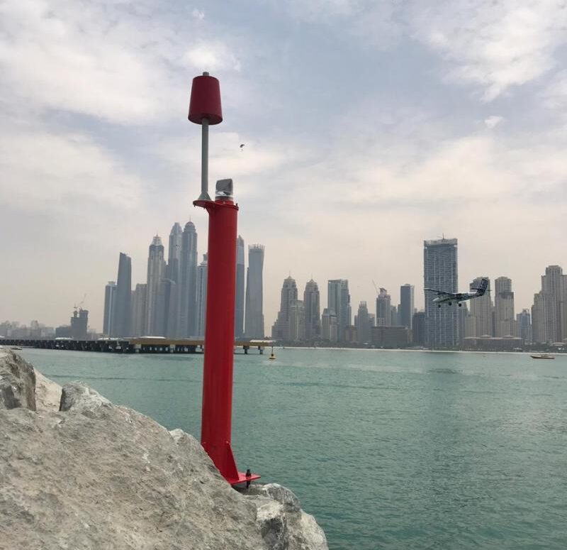 FIxed Marker installed in Dubai Marina fitted with Sealite SL-70 2 to 3Nm compact solar powered navigation light