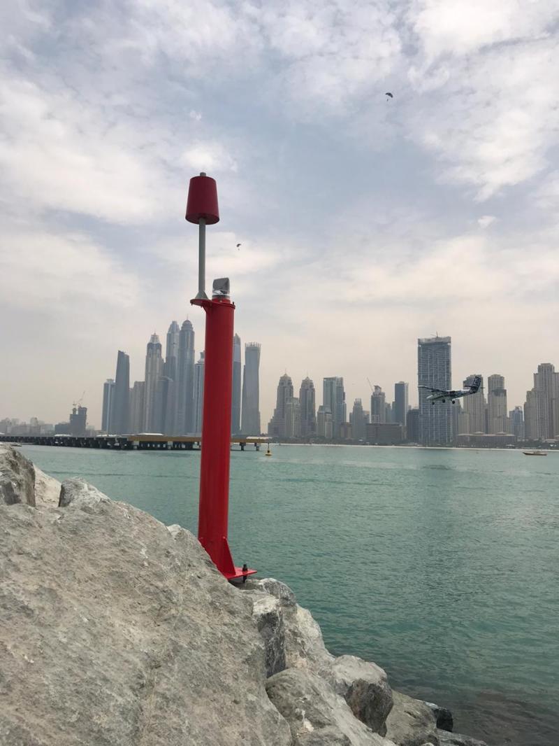 FIxed Marker installed in Dubai Marina fitted with Sealite SL-70 2 to 3Nm compact solar powered navigation light