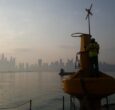Preparation for installation of Sealite Atlantic 2600mm buoy infront of the Dubai skyline