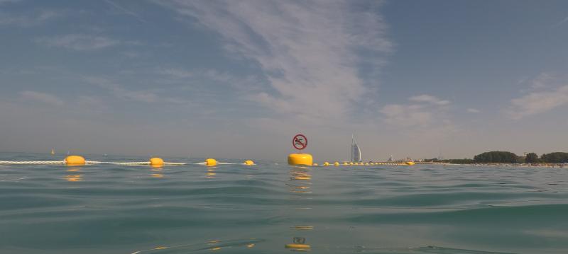 Swimming demarcation lines installed at Black Palace Beach in Dubai , moored with Sealite Synthetic Strops